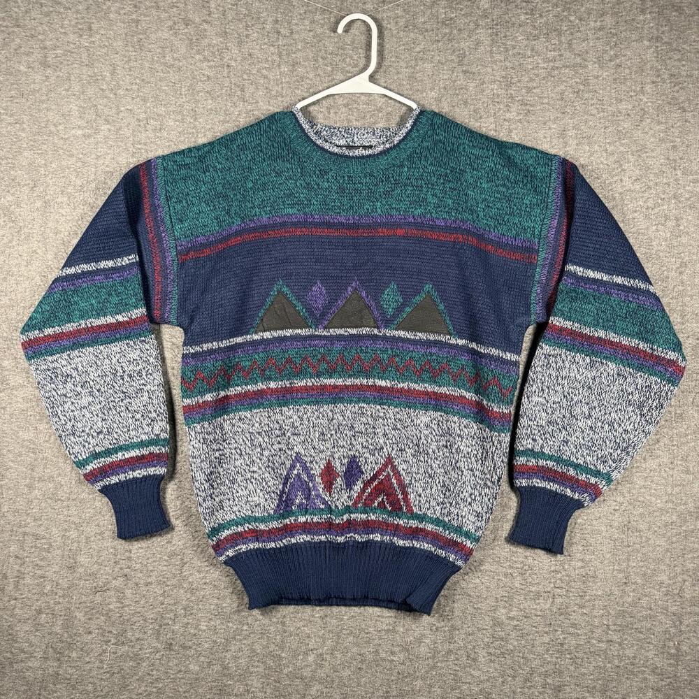 Vintage 80s Impact Sweater Mens L Geometric Leather Patch Abstract Korea Retro